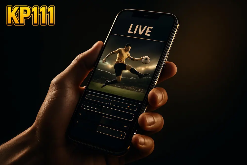 KP111 app — a hand holding a phone with a live sports betting screen