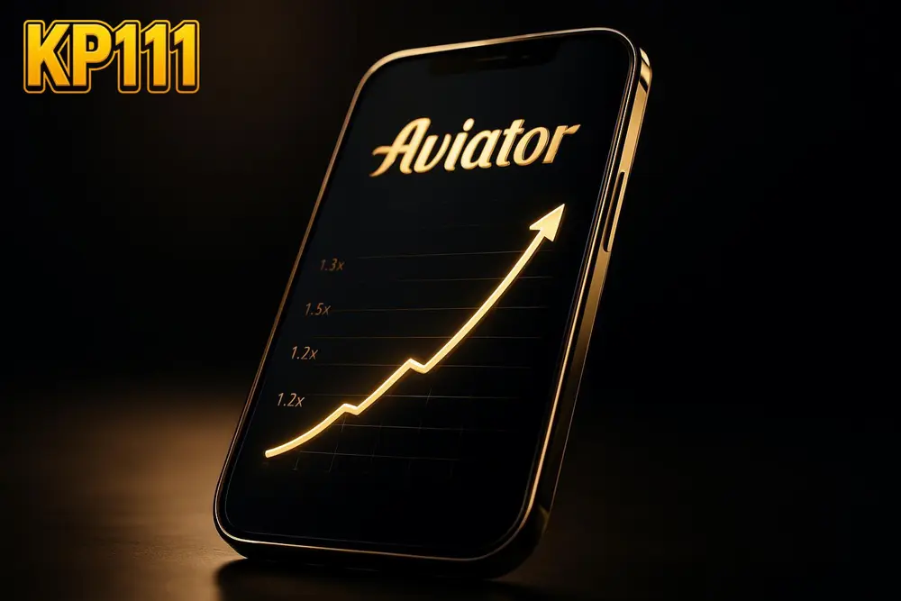 KP111 Aviator game — a smartphone showing a rising multiplier chart on a dark background