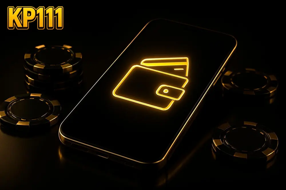 KP111 bKash deposit — a glowing smartphone with mobile-wallet icons surrounded by poker chips