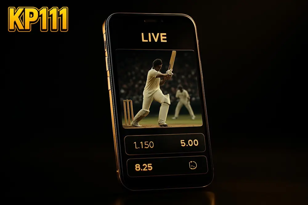 KP111 cricket betting โ a smartphone showing a live cricket match score and betting odds KP111 cricket betting โ a smartphone showing a live cricket match score and betting odds