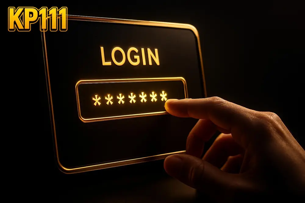 KP111 login — a hand typing a password on a glowing golden login screen