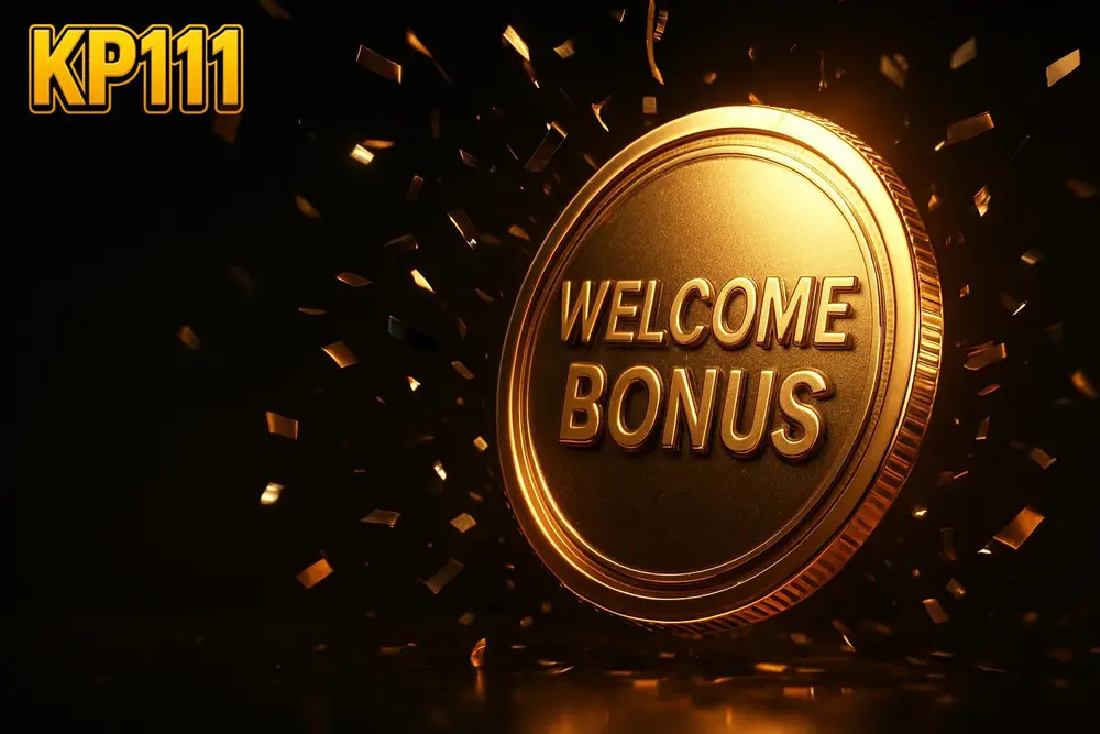 KP111 signup bonus — a giant glowing welcome-bonus coin burst with confetti